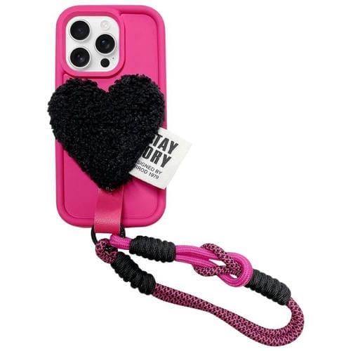 Funda para Teléfono iPhone 16 Pro Diseño Corazón Peluche con Cordón (Rosa Rojo)