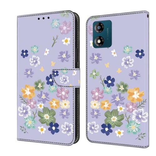 Funda de Cuero Pintada a Mano para Motorola Moto E13 (Floral Morado)
