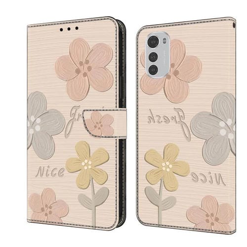 Funda de Cuero Pintada a Mano Motorola Moto E32 Flores (Beige)