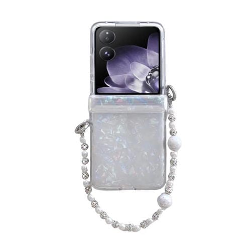 Funda para Teléfono Xiaomi Mix Flip con Textura de Carcasa Perlada de Tres Piezas y Pulsera (Beige)