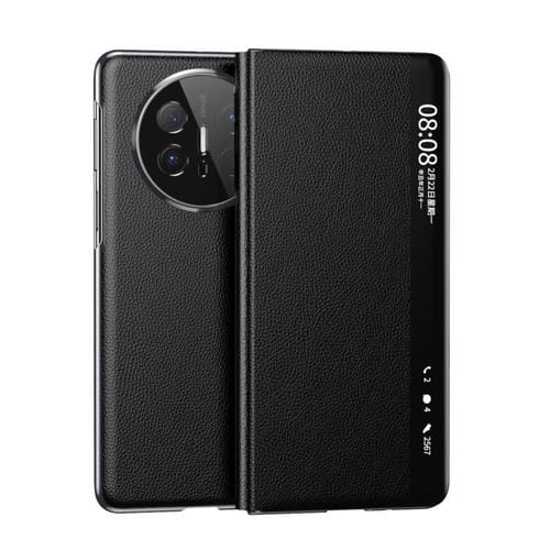Funda de Cuero con PatrĂłn de Lichi Galvanizado para Huawei Mate X6 con Ventana Inteligente y Magsafe (Negro)