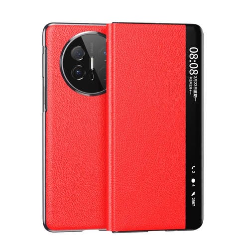 Funda de Cuero con Patrón de Lichi Galvanizado para Huawei Mate X6 con Ventana Inteligente y Magsafe (Rojo)