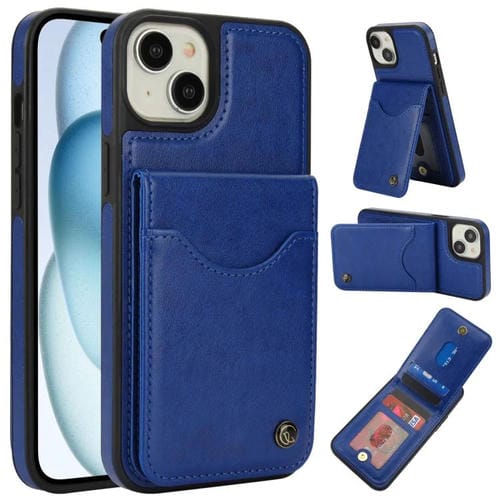 Funda de Cuero Awquer para iPhone 15 Plus con Tapa Vertical para Tarjetas y Soporte (Azul)
