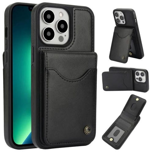 Funda de Cuero Awquer para iPhone 13 Pro con Tapa Vertical, Tarjetas y Soporte (Negro)