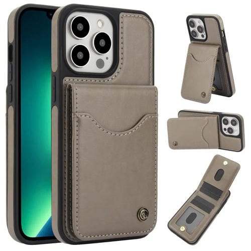 Funda de Cuero para iPhone 13 Pro Awquer con Tapa Vertical y Tarjetero (Gris)
