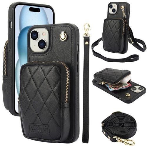 Funda de teléfono Awquer Crossbody Zipper Wallet Bag para iPhone 15 Plus de cuero de Lichi (Negro)