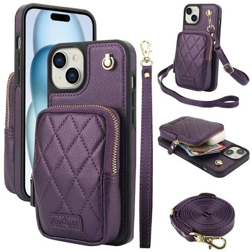 Funda para Teléfono Awquer iPhone 15 Piel de Lichi Cremallera Cartera Cruzada (Morado Oscuro)