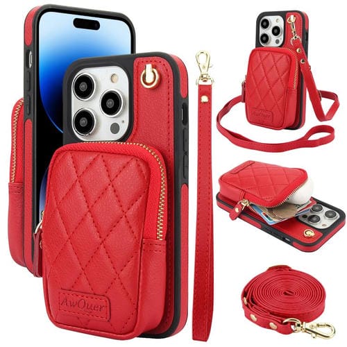Funda de Teléfono Awquer Crossbody Zipper Wallet Bag para iPhone 14 Pro Cuero Litchi (Rojo)