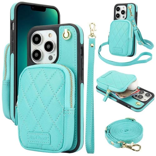 Funda para iPhone 13 Pro Awquer Crossbody Zipper Wallet Bag Litchi Leather Phone Case (Verde Menta)