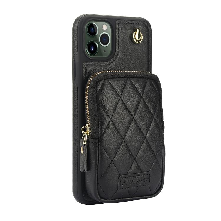 Funda para teléfono Awquer iPhone 11 Piel de Lichi Cremallera Cartera Cruzada (Negra)