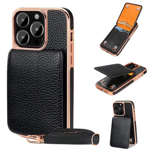 Funda de Teléfono Tipo Billetera Vietao Textura de Lichi Cordón de Pu para iPhone 14 Pro (Negra)