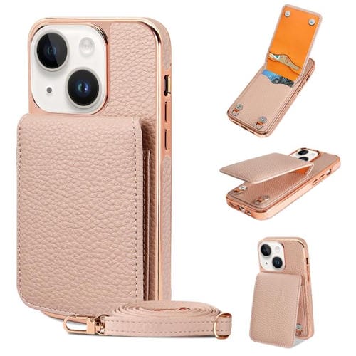 Funda de Teléfono Tipo Billetera Vietao para iPhone 13 de PU con Textura de Lichi y Cordón (Rosa)
