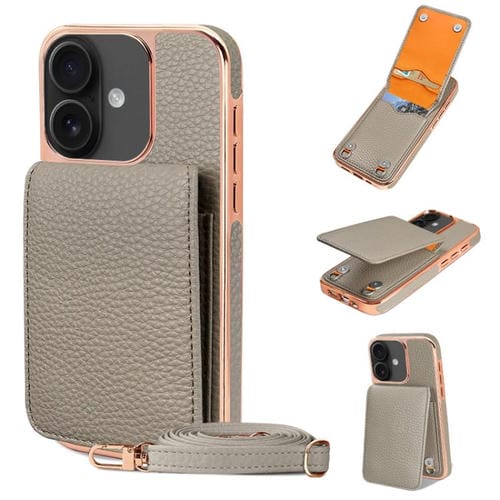 Funda de Teléfono Tipo Billetera Vietao Textura de Lichi Cordón de Pu para iPhone 16 (Gris)
