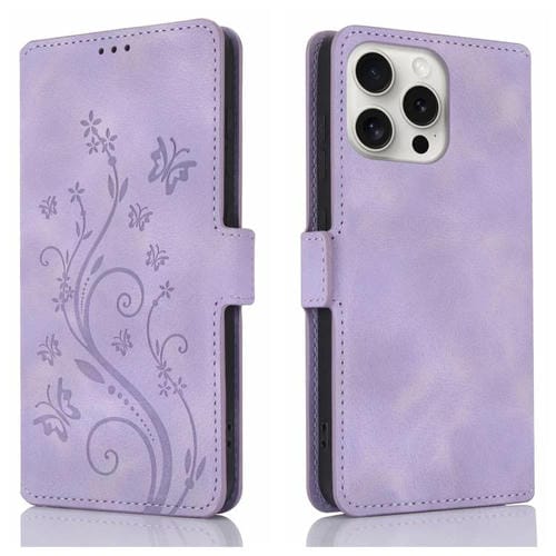 Funda de Cuero iPhone 15 Pro Max Relieve Mariposa y Flor Amor Ensueño (Morado)