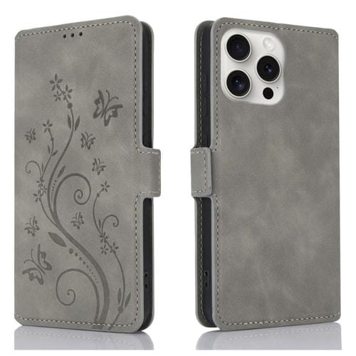 Funda de Cuero iPhone 13 Pro Max Relieve Mariposa Flor Amor (Gris)