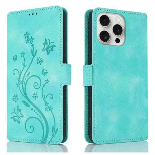 Funda de Cuero iPhone 13 Pro Relieve Mariposa Flor Amor Ensueño (Verde)