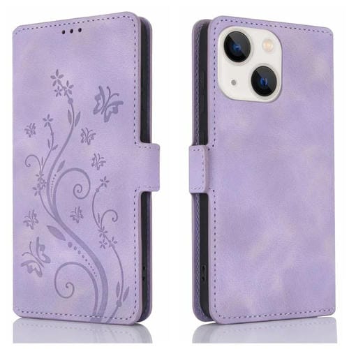 Funda de Cuero iPhone 13 Relieve Mariposa y Flor Amor Ensueño (Morado)