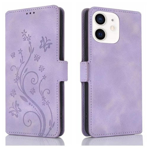 Funda de Cuero iPhone 12 Mini con Relieve Mariposa y Flor de Amor (Morado)