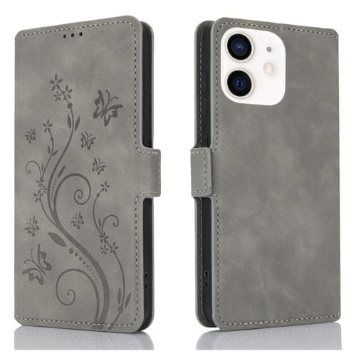 Funda de Cuero iPhone 12 Mini con Relieve Mariposa y Flor de Amor (Gris)