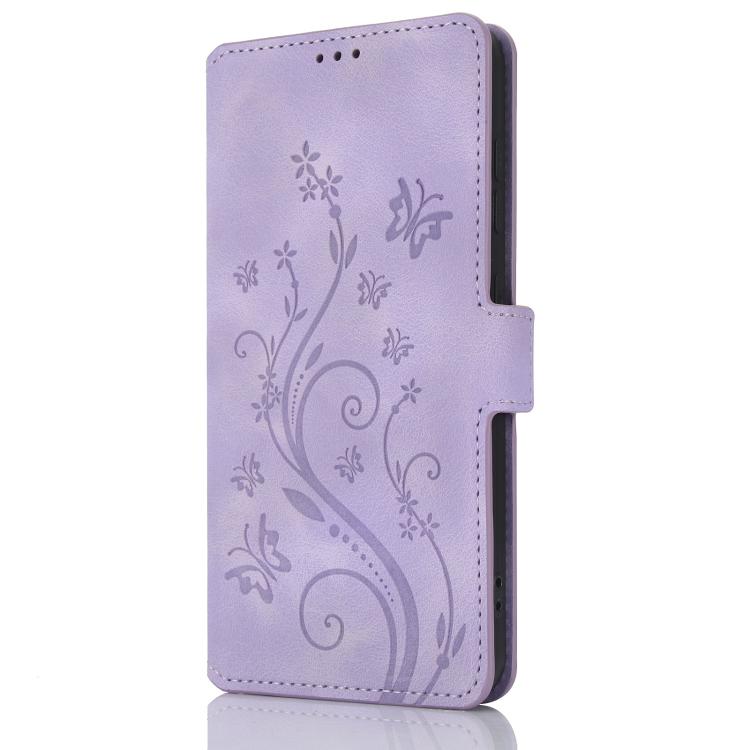 Funda de Cuero iPhone 11 Pro Relieve Mariposa y Flor Amor de Ensueño (Morado)