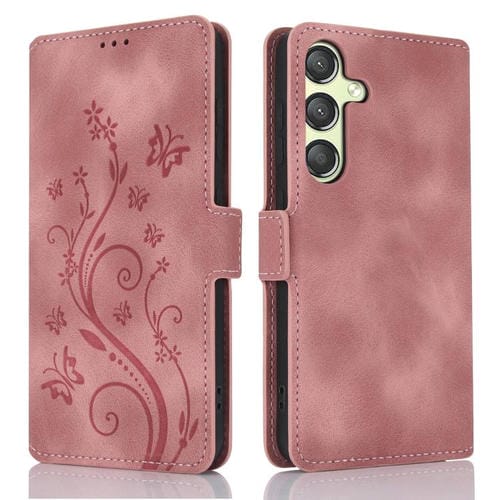 Funda de Cuero Samsung Galaxy A25 5G Global Dreamy Relieve Mariposa Flor (Oro Rosa)