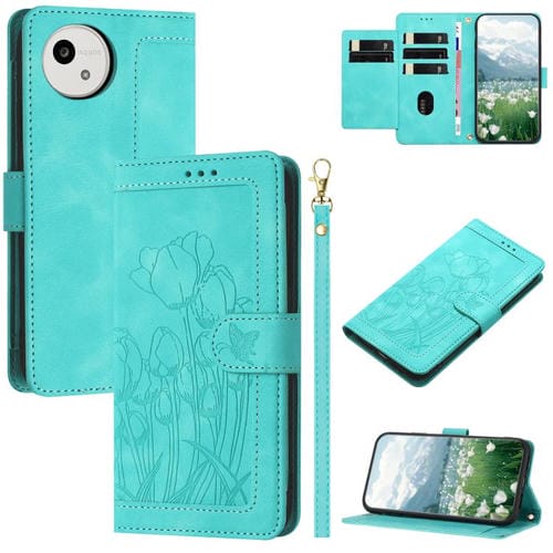 Funda de cuero con relieve de tulipanes y cordón para Sharp Aquos wish5 (verde)