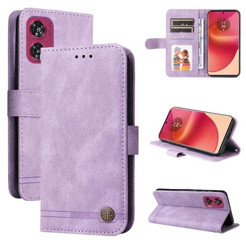 Funda de Cuero Motorola Edge 50 Fusion con Botones de Metal y Diseño Árbol de la Vida (Morado)