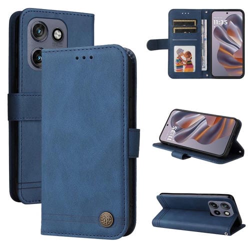 Funda de Cuero con Botones de Metal y Diseño Árbol de la Vida para Motorola Edge 50 Neo/Thinkphone 25 (Azul)