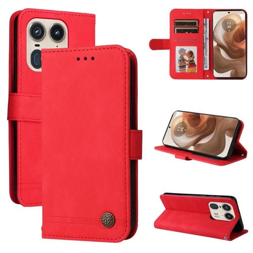 Funda de Cuero Motorola Edge 50 Ultra/X50 Ultra con Botones de Metal y Diseño Árbol de la Vida (Rojo)