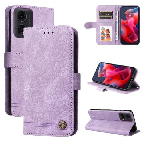 Funda de Cuero Motorola Moto G04 G04S G24 E14 con Botones de Metal y Árbol de la Vida (Morado)