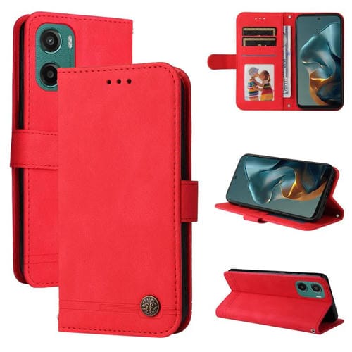 Funda de Cuero para Motorola Moto G05/E15 con Botones de Metal y Diseño Árbol de la Vida (Rojo)