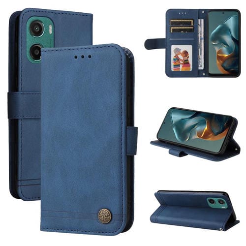 Funda de Cuero con Botones de Metal y Árbol de la Vida para Motorola Moto G05/E15 (Azul)