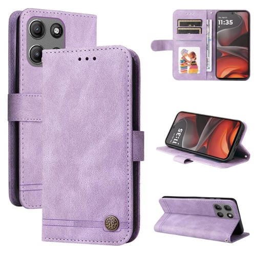 Funda de Cuero con Botones de Metal y Diseño Árbol de la Vida para Motorola Moto G15/G15 Power (Morado)