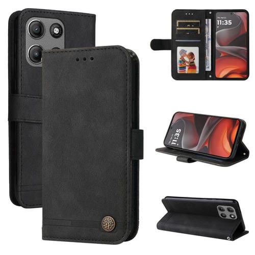 Funda de Cuero Motorola Moto G15/G15 Power con Botones de Metal y Diseño Árbol de la Vida (Negro)