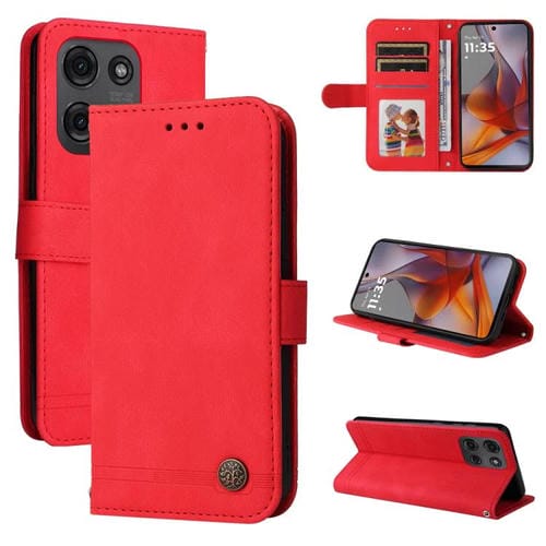 Funda de Cuero para Motorola Moto G75 5G con Botones de Metal y Diseño Árbol de la Vida (Rojo)