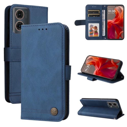 Funda de Cuero para Motorola Moto G85 S50 Neo con Botones de Metal y Diseño Árbol de la Vida (Azul)