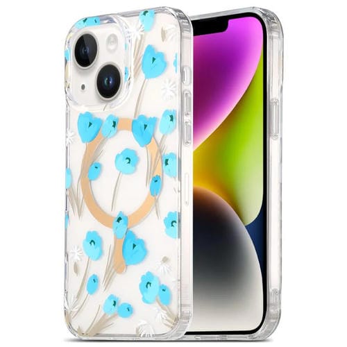 Funda para Teléfono iPhone 14 Laminado Doble Cara Imd Magsafe (Flores Azules)