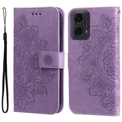 Funda de Cuero con Relieve Flores Siete Pétalos para Motorola Moto G04/G04S/G24/E14 (Morado Claro)