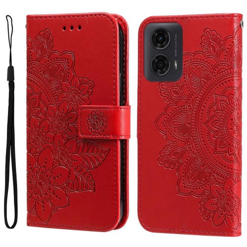Funda de Cuero con Estampado de Flores de Siete Pétalos para Motorola Moto G04/G04S/G24/E14 (Rojo)