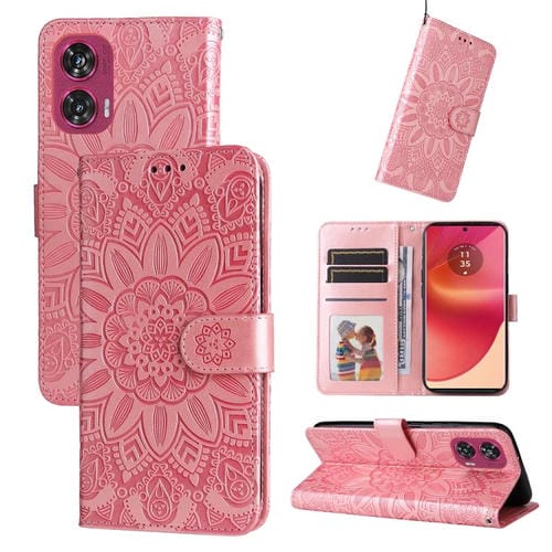 Funda de Piel con Relieve de Girasol para Motorola Edge 50 Fusion (Oro Rosa)
