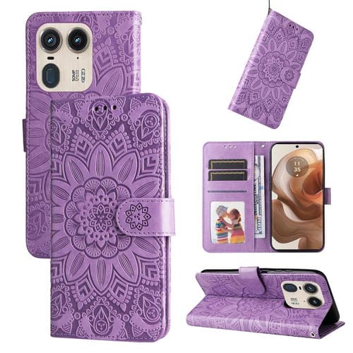 Funda de Piel con Relieve Girasol para Motorola Edge 50 Ultra/X50 Ultra (Morado)