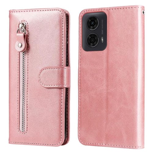 Funda de Piel con Cremallera Textura Becerro para Motorola Moto G04/G04S/G24/E14 (Oro Rosa)