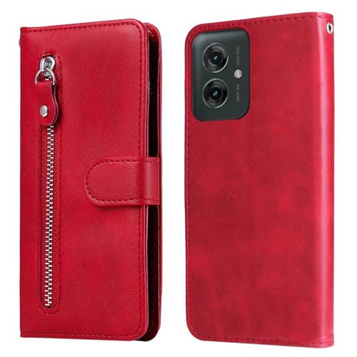 Funda de Piel con Cremallera y Textura de Becerro para Motorola Moto G55 (Rojo)
