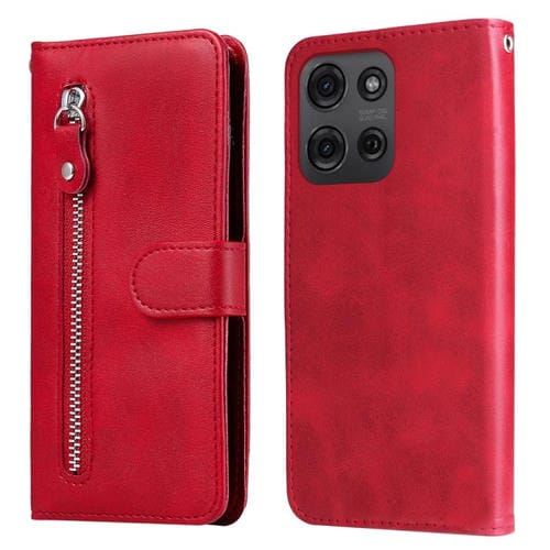 Funda de Piel con Textura de Becerro y Cremallera para Motorola Moto G75 5G (Rojo)
