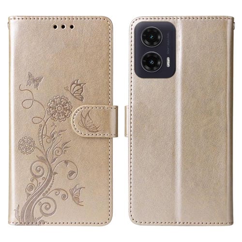 Funda de Cuero Motorola Moto G35 con Diseño de Mariposas y Flores en Relieve (Dorada)
