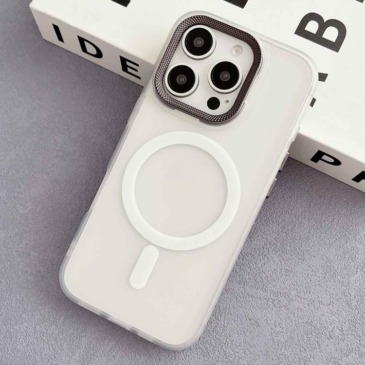 Funda hĂbrida TPU PC con marco de Lente de diamante para iPhone 16 Pro Magsafe (Blanca)