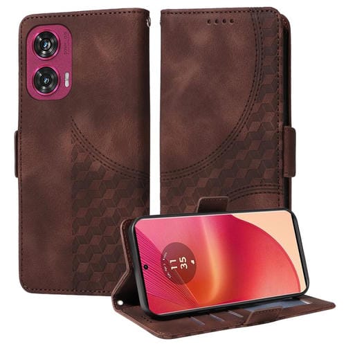 Funda de Cuero para Motorola Edge 50 Fusion con Rombos y Estrellas en Relieve (Marrón)