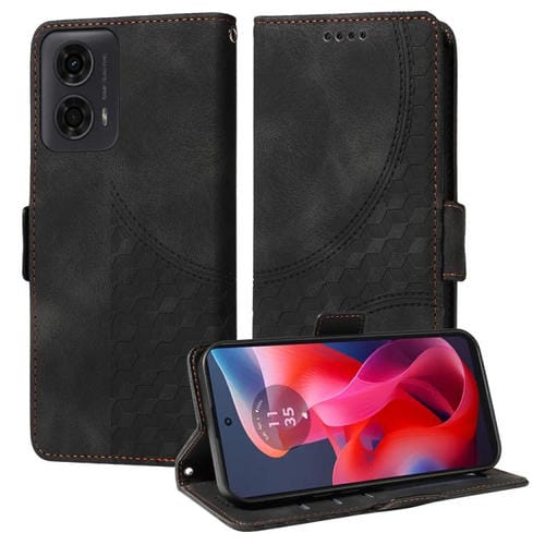 Funda de Cuero Motorola Moto G04/G04S/G24/E14 con Diseño de Rombos y Estrellas (Negra)