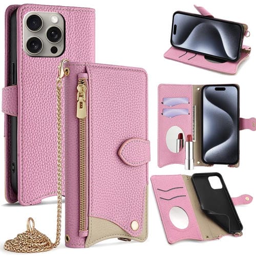 Funda de Piel de Lichi con Diseño de Cola de Pez y Cadena Cruzada para iPhone 16 Pro Max (Rosa)