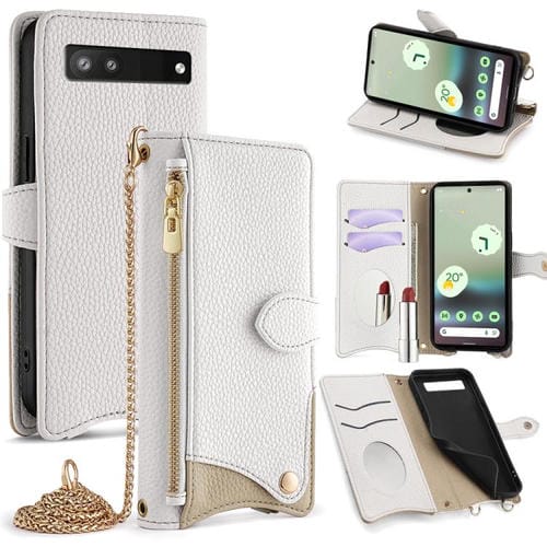 Funda para Teléfono Google Pixel 6A con Cadena Cruzada de Piel de Lichi Forma Cola de Pez (Blanca)